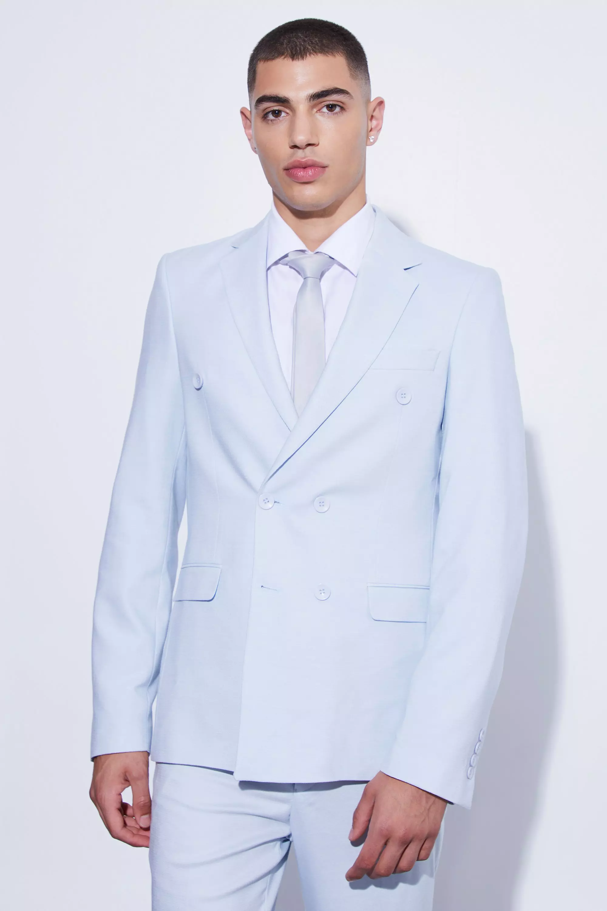 LIGHT BLUE SLIM TEXTURED SUIT JACKET AND TROUSER boohooMAN